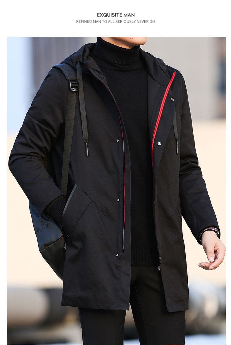 黒ファッション フード付きスタンドカラーロング丈コート