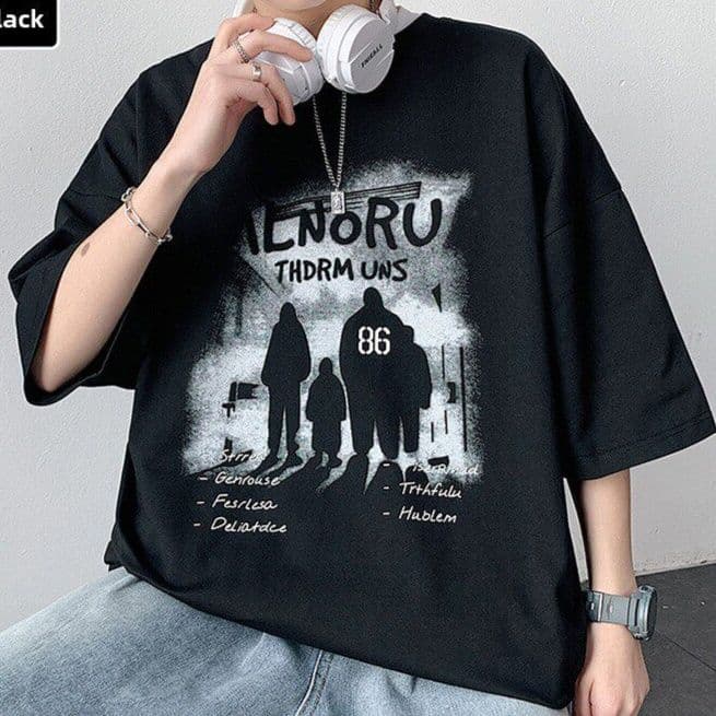黒ファッション シルエットグラフィックオーバーサイズ半袖トップス