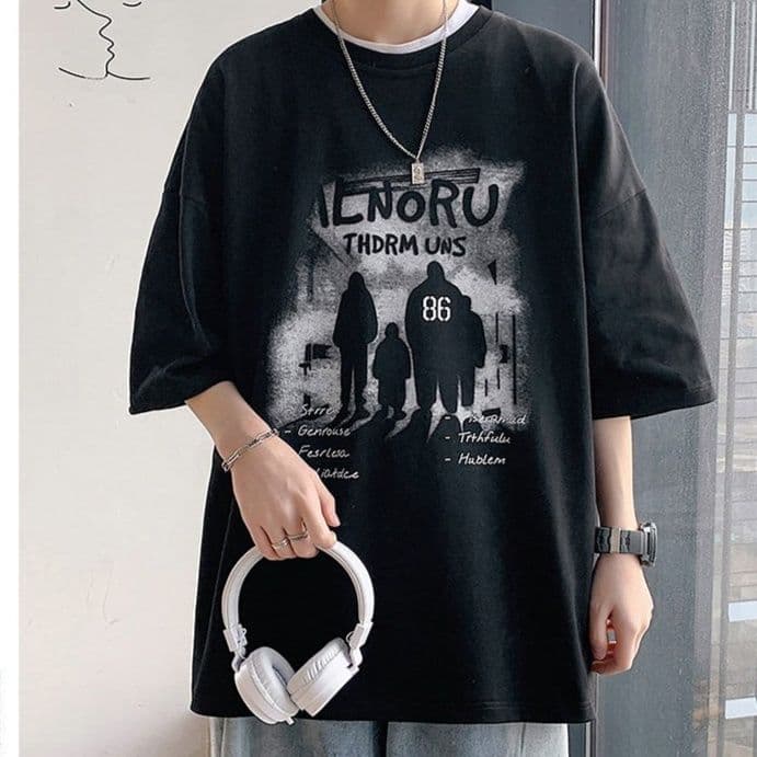 黒ファッション シルエットグラフィックオーバーサイズ半袖トップス