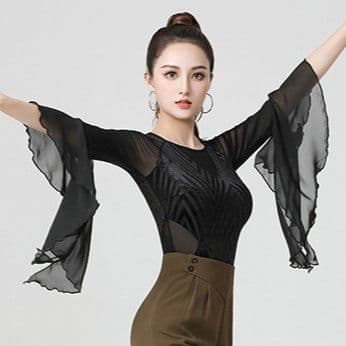黒ファッション シフォンフレア袖透け感幾何学模様シャツ