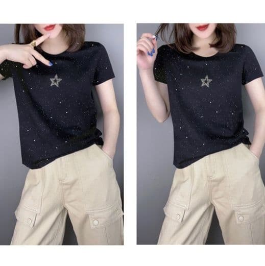 黒ファッション 星空きらめきラインストーン装飾半袖Tシャツ