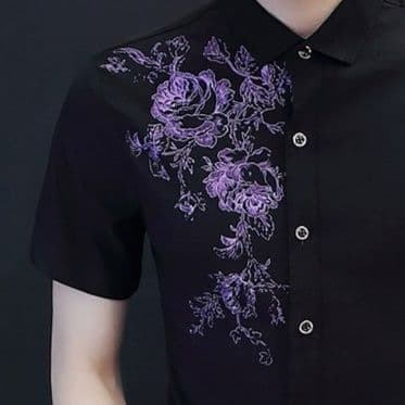 黒ファッション 紫花刺繍デザイン半袖シャツ