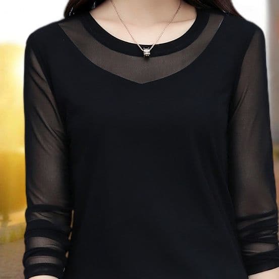 黒ファッション シアー切替デザイン長袖Tシャツ