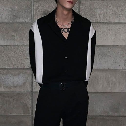黒ファッション 配色切替デザイン開襟長袖シャツ