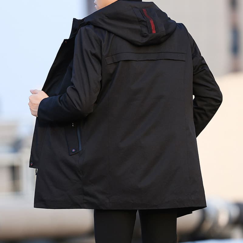 黒ファッション フード付きスタンドカラーロング丈コート