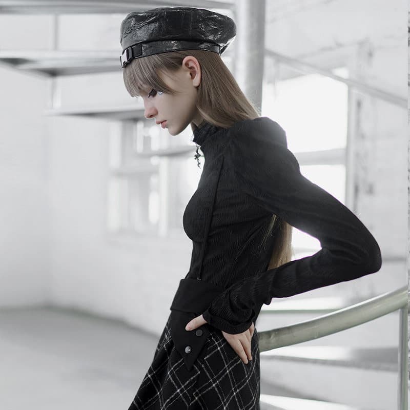 黒ファッション 立体シワ加工ハイネック長袖トップス