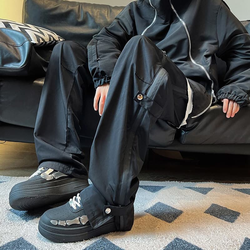 黒ファッション ゆったりワイドシルエットカーゴポケットパンツ
