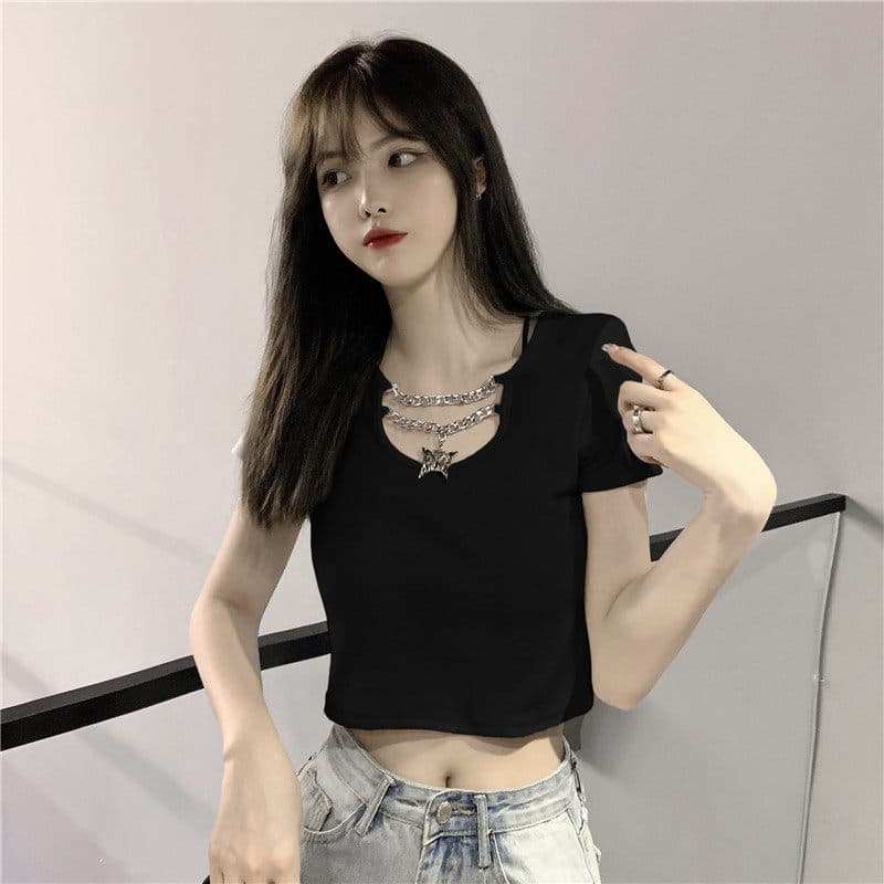 黒ファッション 深型スクエアネック半袖ショート丈Tシャツ