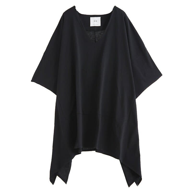 黒ファッション 深Vネック裾変形ドレープオーバーサイズTシャツ