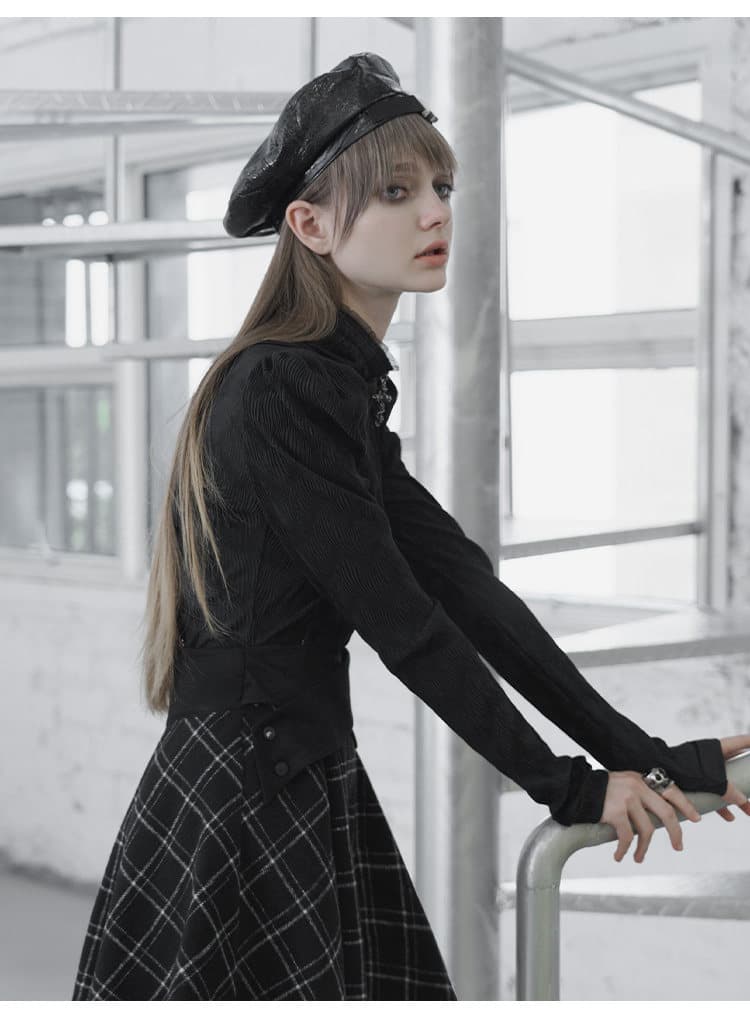 黒ファッション 立体シワ加工ハイネック長袖トップス