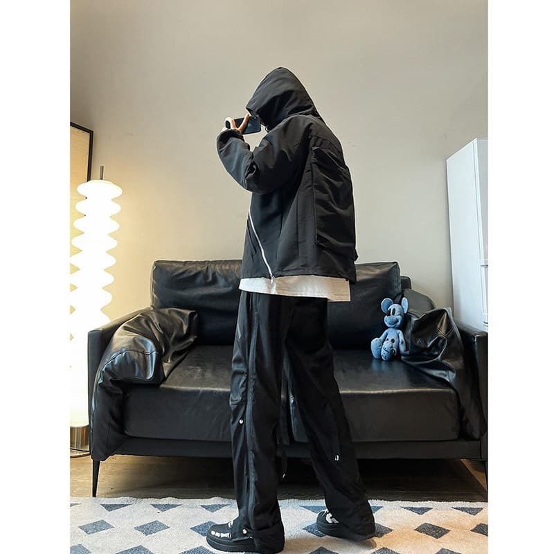 黒ファッション ゆったりワイドシルエットカーゴポケットパンツ
