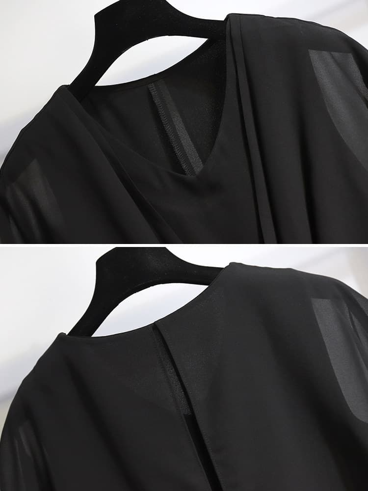 黒ファッション 透け感シフォン袖ドレープデザインブラウス