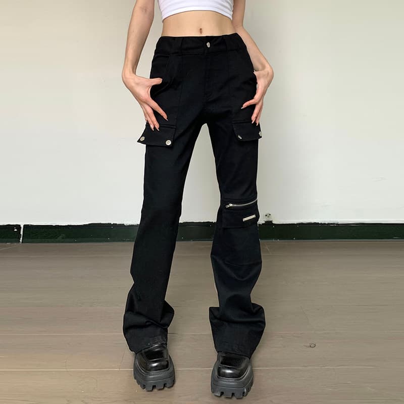 黒ファッション 多機能カーゴポケット付きストレートパンツ