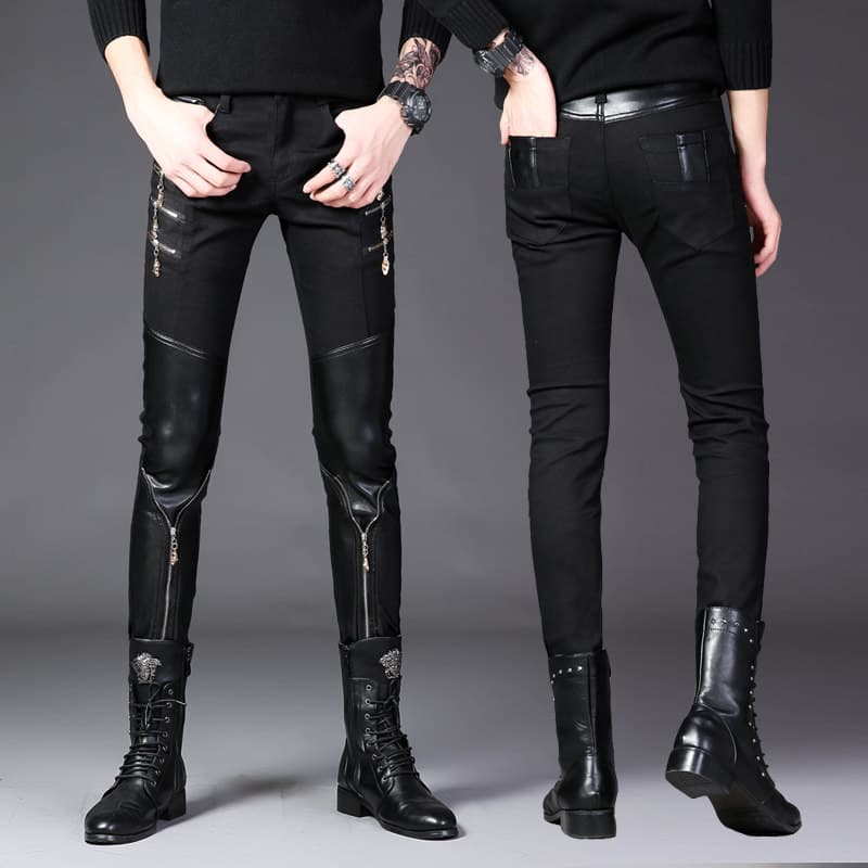 黒ファッション 合成皮革切替装飾ジップ付きスリムパンツ