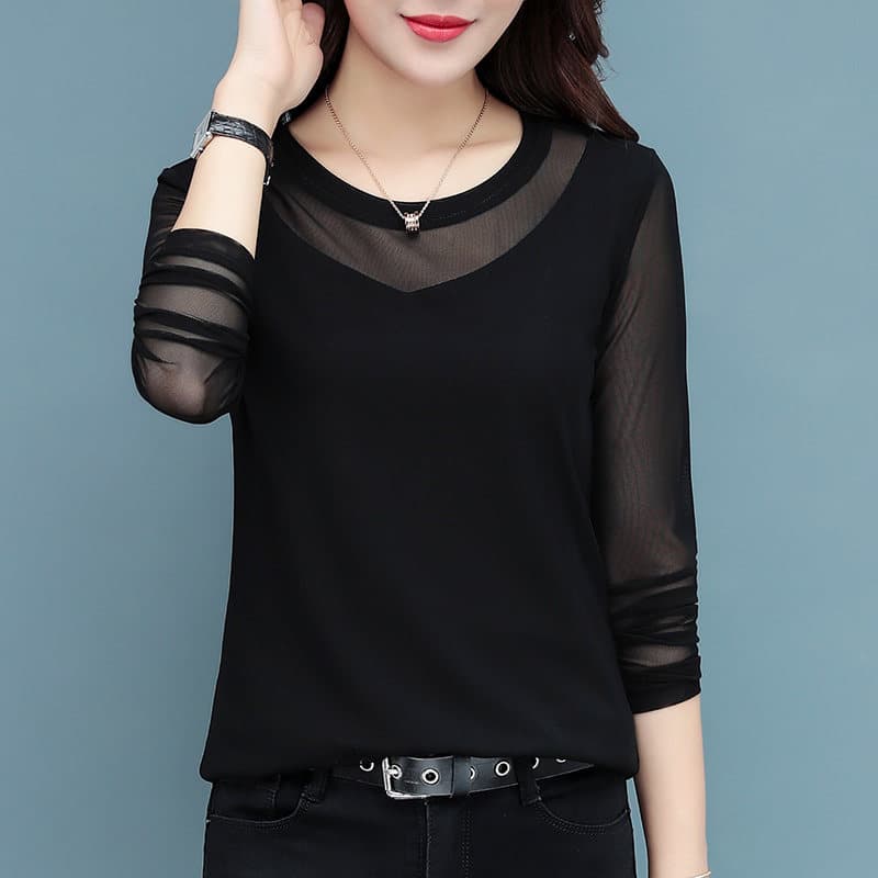 黒ファッション シアー切替デザイン長袖Tシャツ