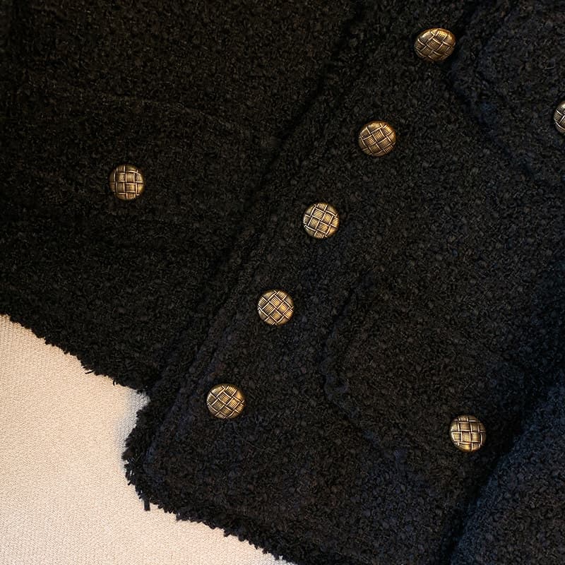 黒ファッション ツイード素材ダブルボタンショート丈ジャケット