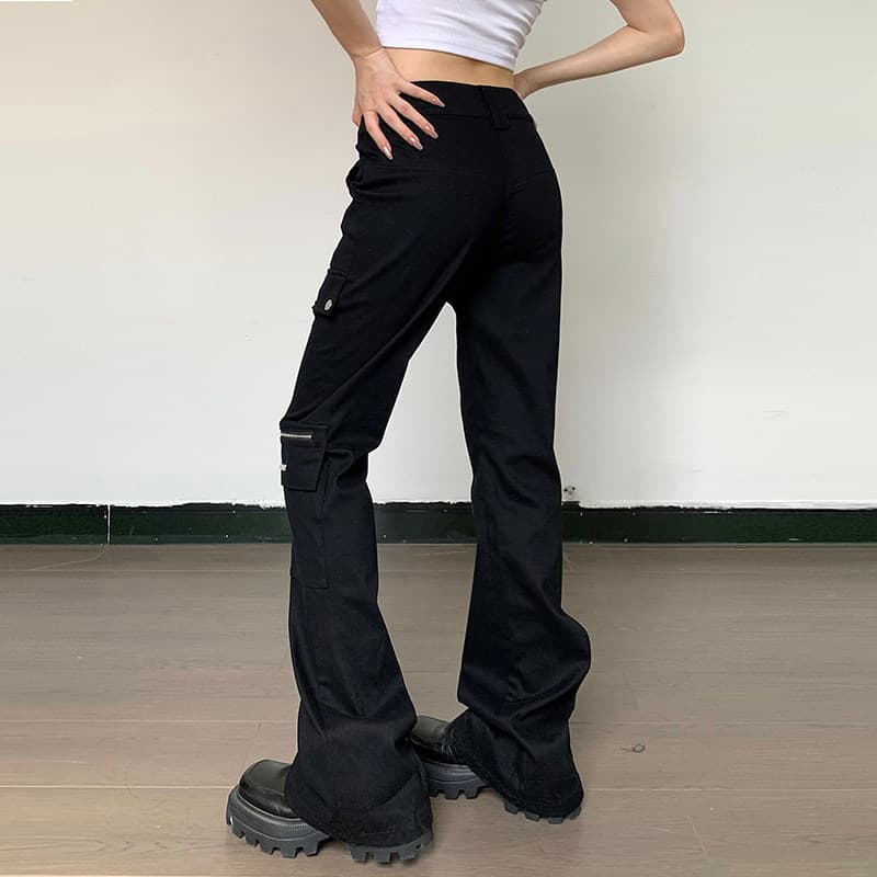 黒ファッション 多機能カーゴポケット付きストレートパンツ