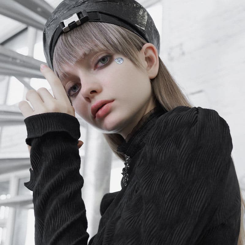 黒ファッション 立体シワ加工ハイネック長袖トップス