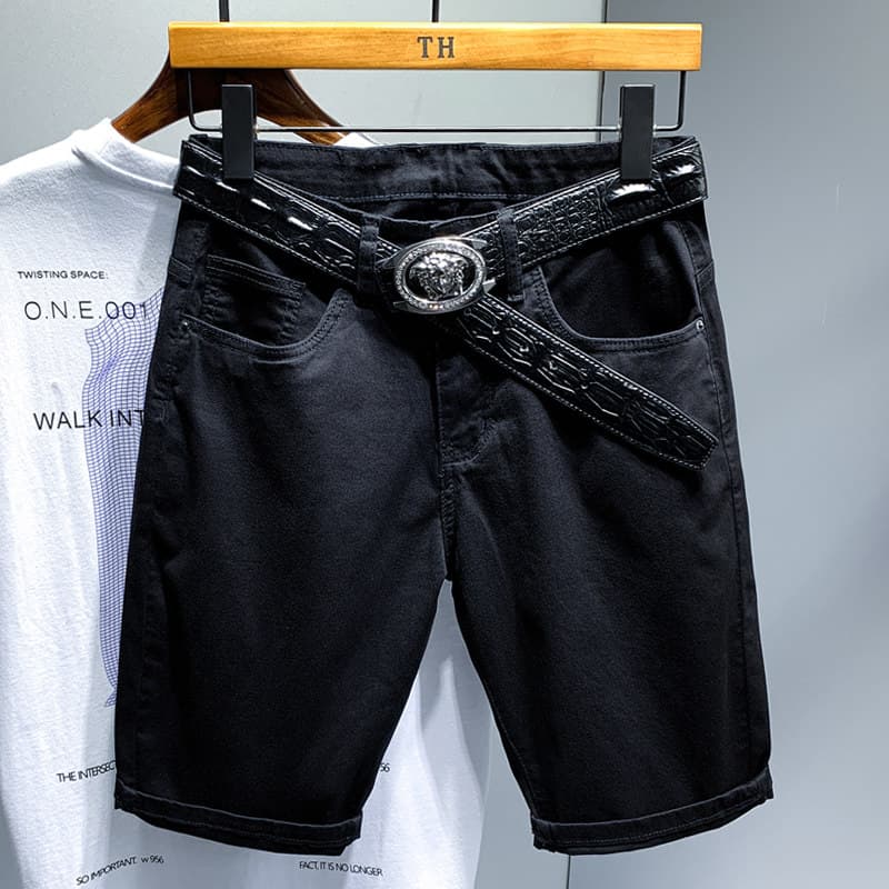 黒ファッション 装飾ベルト付きストレッチデニムハーフパンツ