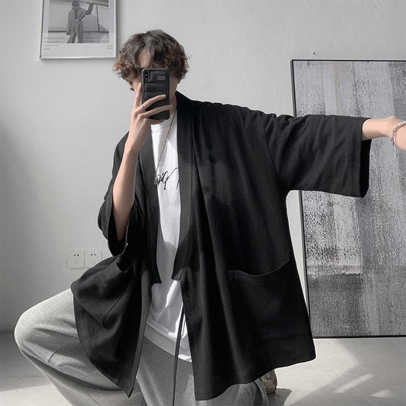 黒ファッション 和風ゆったりショール襟ロング丈カーディガン