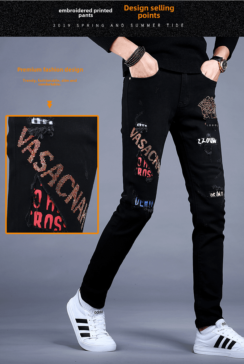 黒ファッション 刺繍文字デザインスリムストレートパンツ