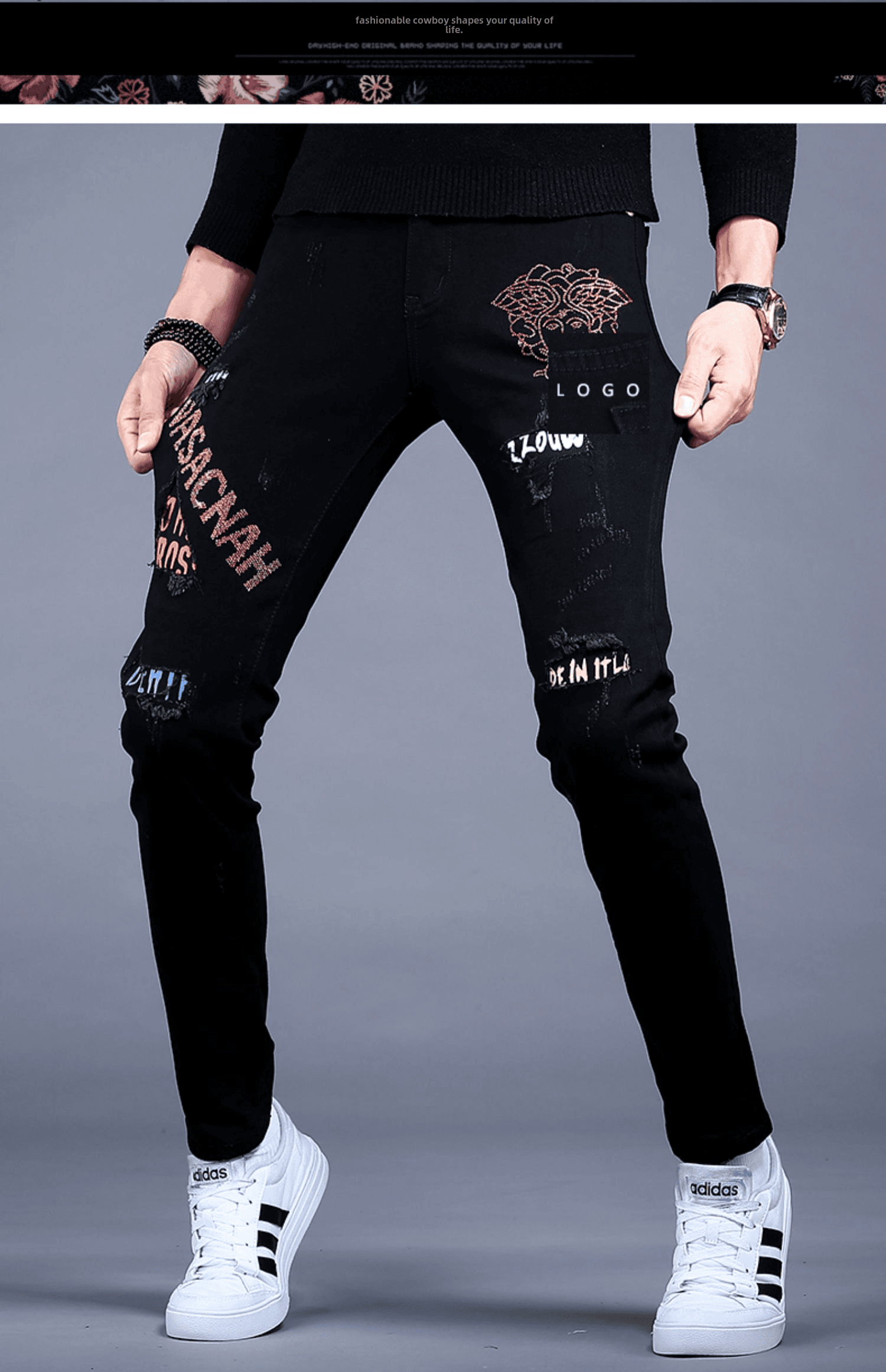 黒ファッション 刺繍文字デザインスリムストレートパンツ