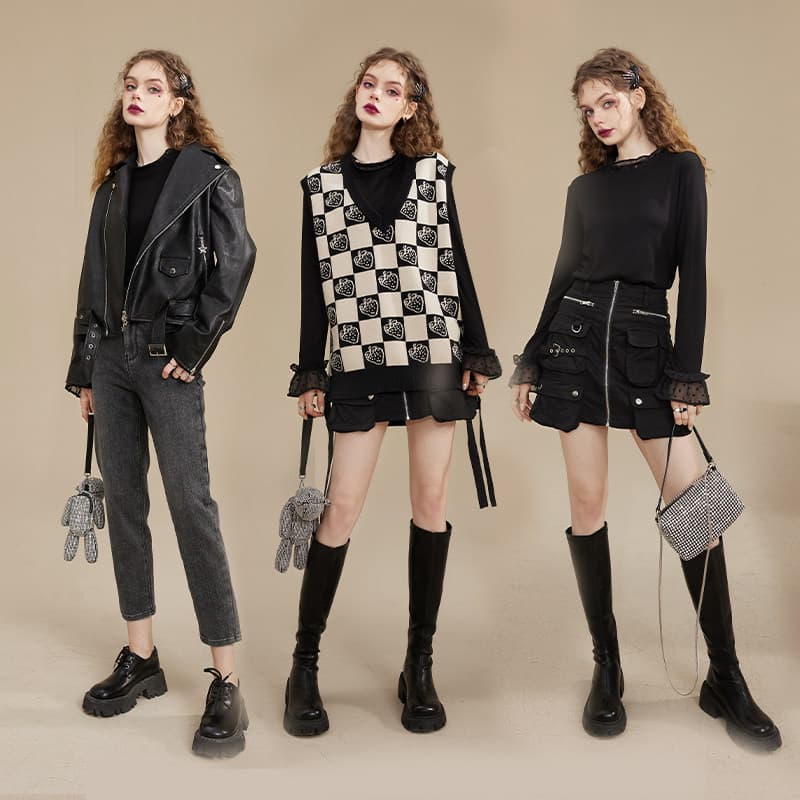 黒ファッション フリル袖口ハイネック長袖カットソー