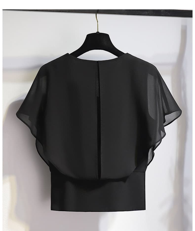 黒ファッション 透け感シフォン袖ドレープデザインブラウス