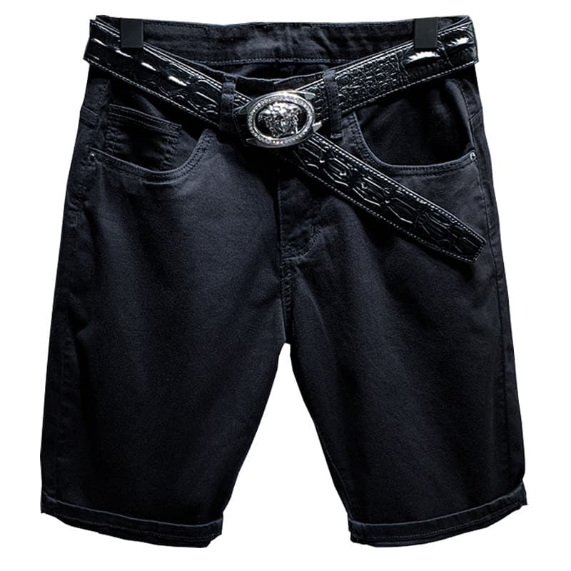 黒ファッション 装飾ベルト付きストレッチデニムハーフパンツ