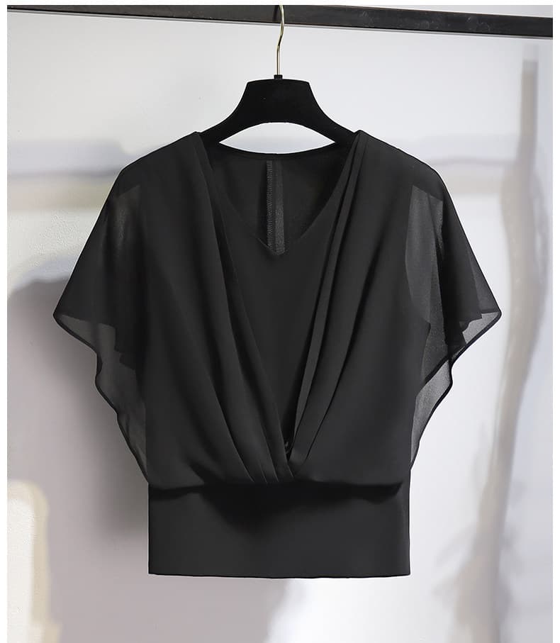 黒ファッション 透け感シフォン袖ドレープデザインブラウス