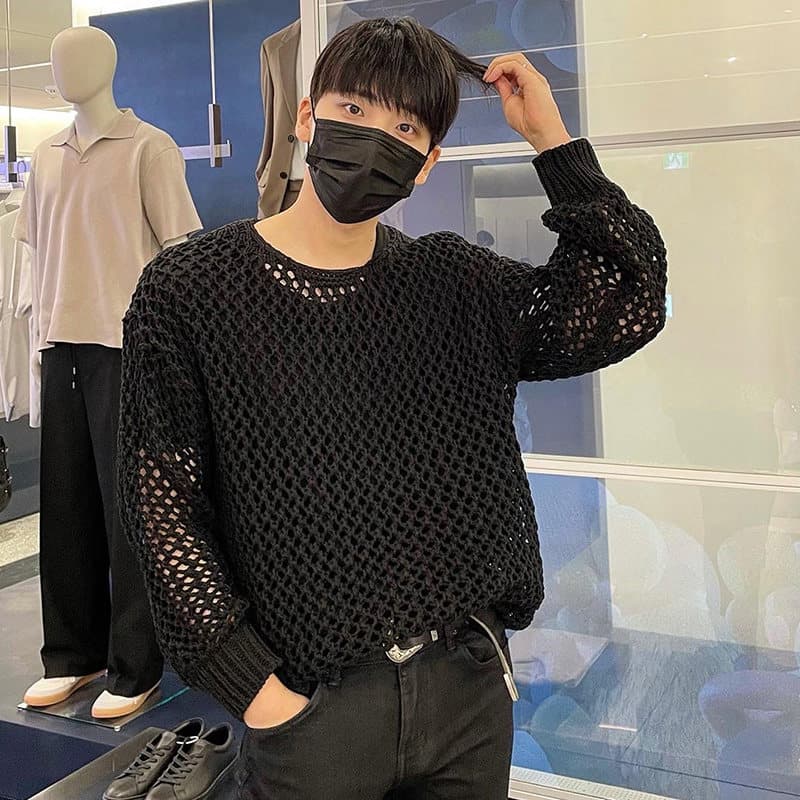 黒ファッション 透かし編みメッシュデザインゆったりニットセーター