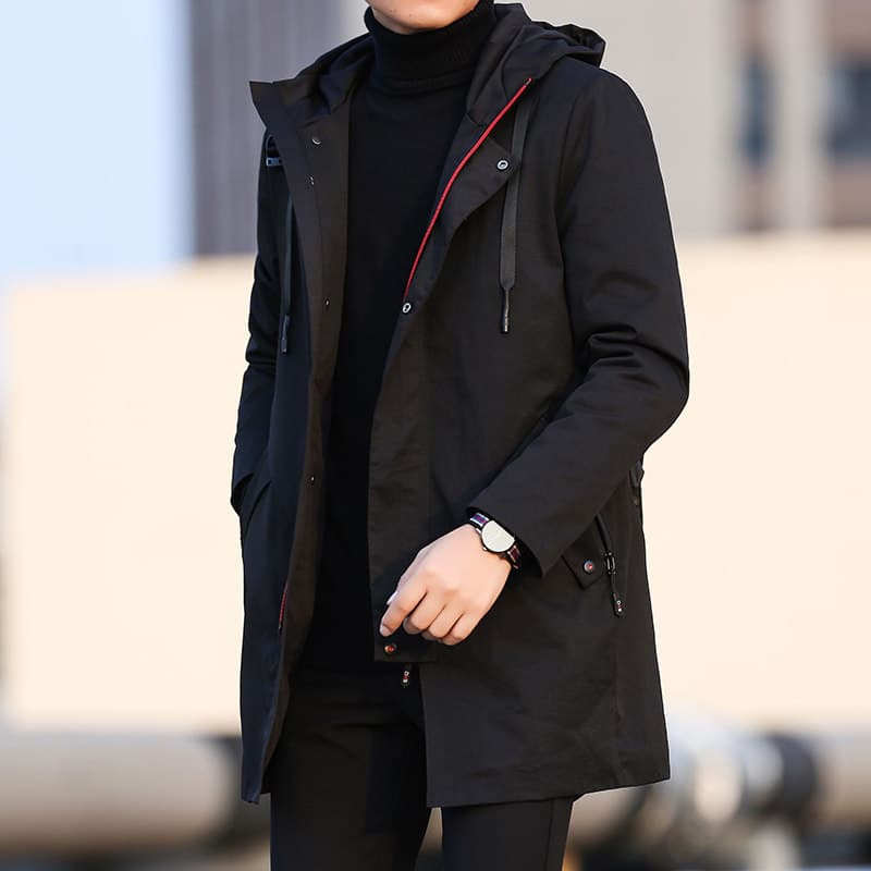 黒ファッション フード付きスタンドカラーロング丈コート