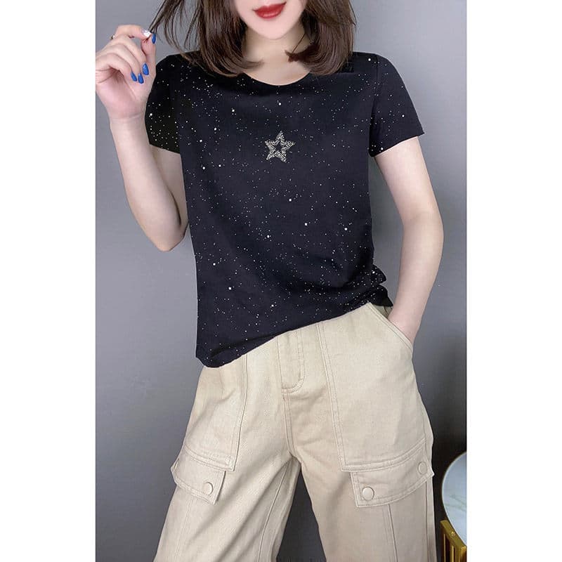 黒ファッション 星空きらめきラインストーン装飾半袖Tシャツ