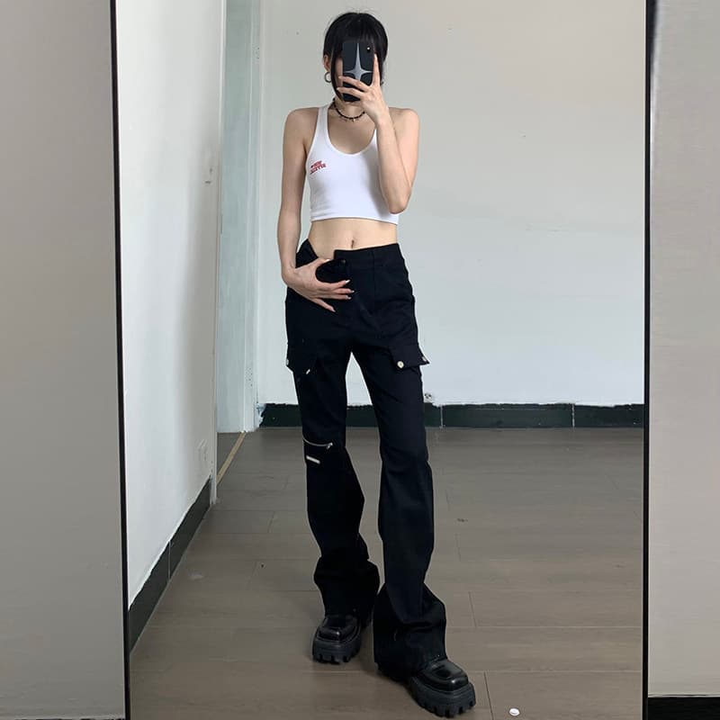 黒ファッション 多機能カーゴポケット付きストレートパンツ
