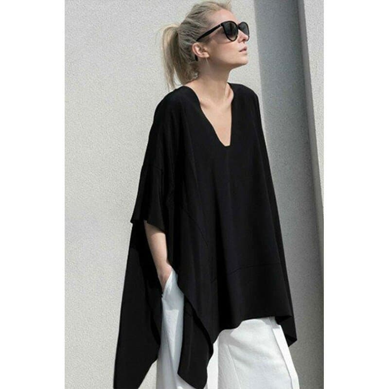黒ファッション 深Vネック裾変形ドレープオーバーサイズTシャツ