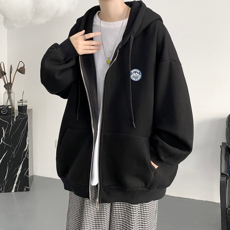 黒ファッション ワンポイント刺繍ゆったりジップアップパーカー