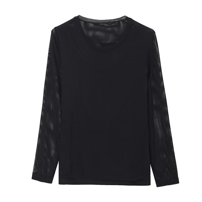 黒ファッション シアー切替デザイン長袖Tシャツ