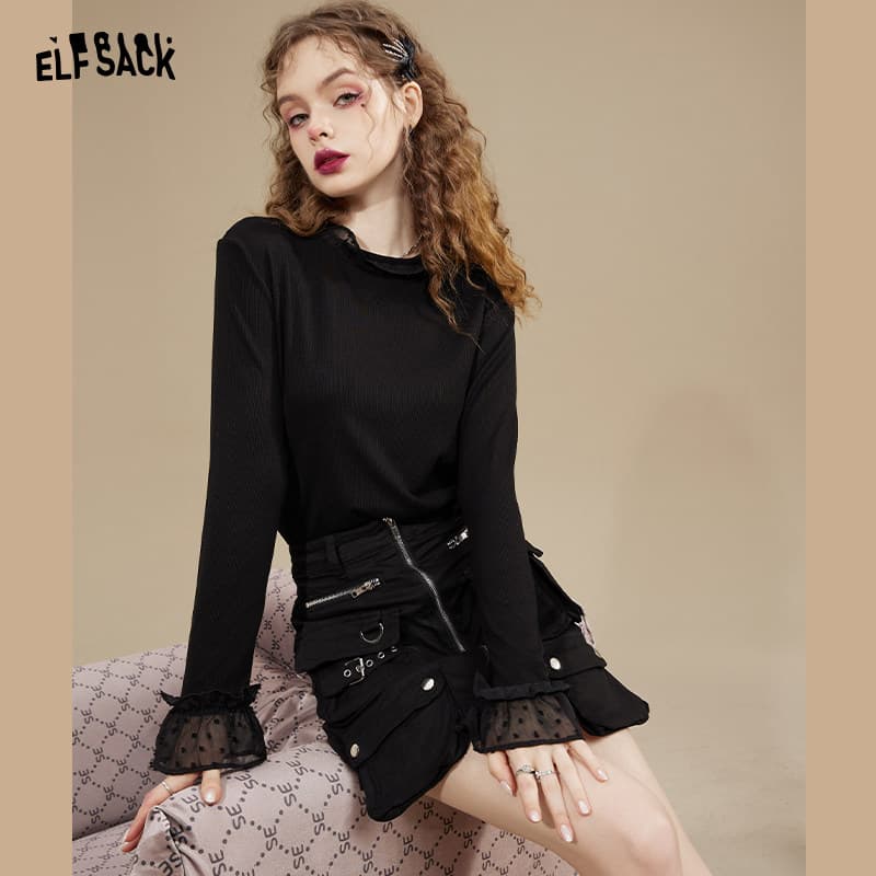 黒ファッション フリル袖口ハイネック長袖カットソー