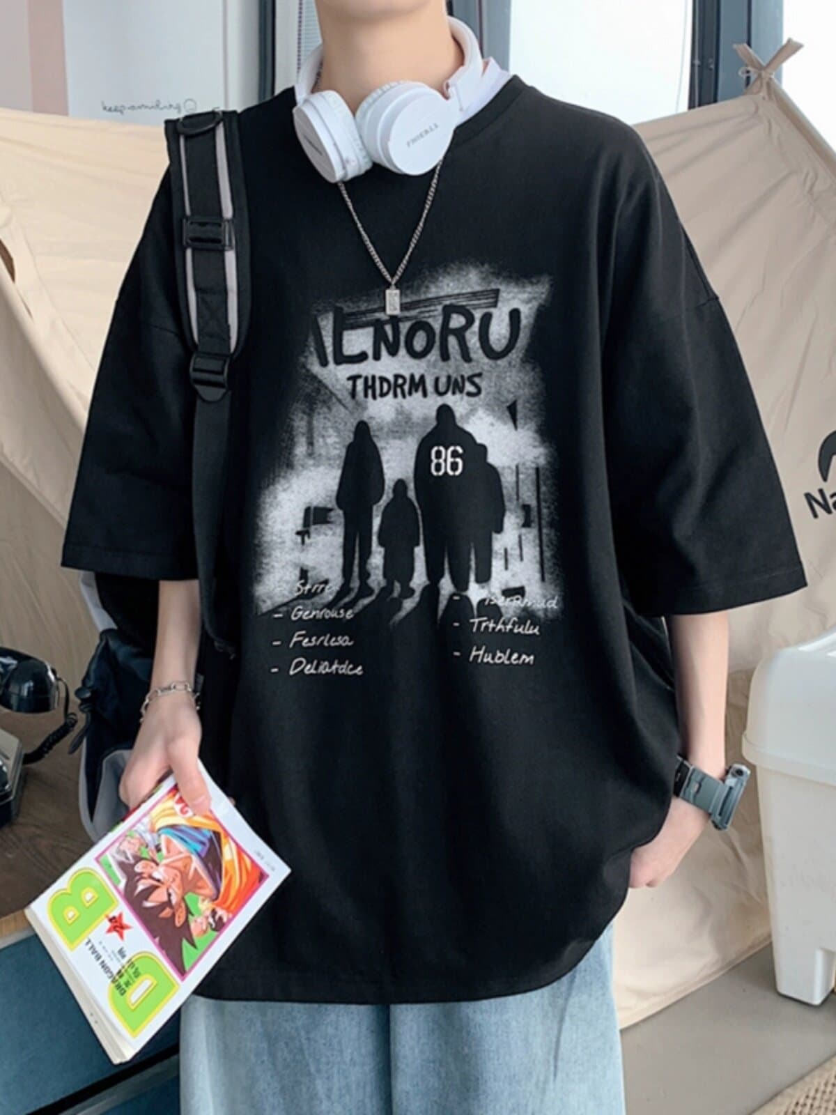 黒ファッション シルエットグラフィックオーバーサイズ半袖トップス