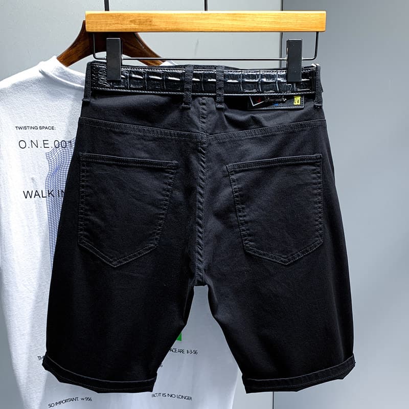 黒ファッション 装飾ベルト付きストレッチデニムハーフパンツ